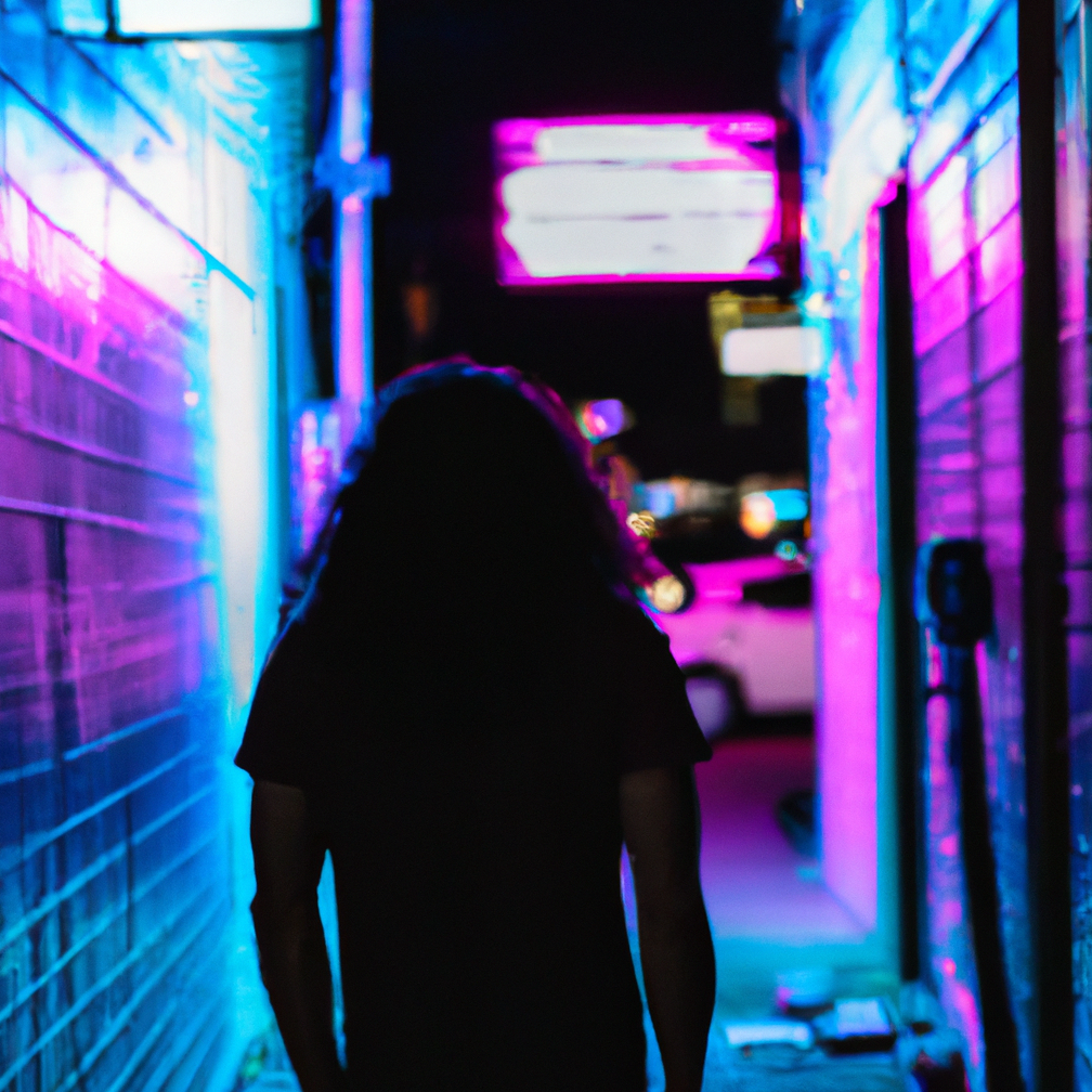 AI generated image portraying the silhouette of man in city alley lit by neon signs